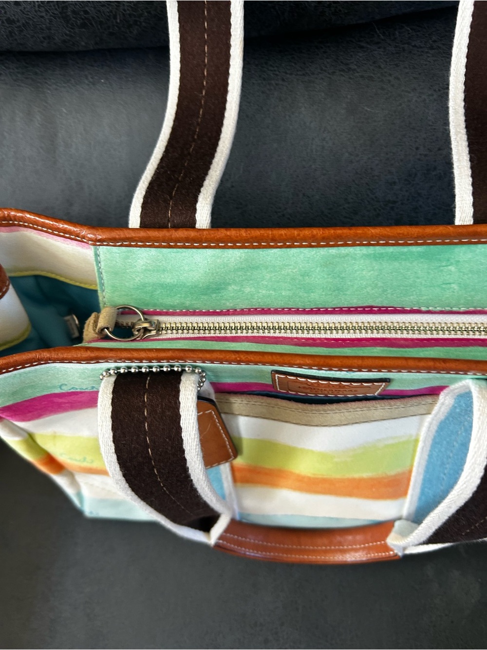Coach Hampton Stipe Watercolor Canvas Tote in Pastel Rainbow Style 10067 - Picture 6 of 7